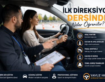 İlk direksiyon dersinde araç kullanan sürücü adayı ve eğitmen - Ankara direksiyon dersi